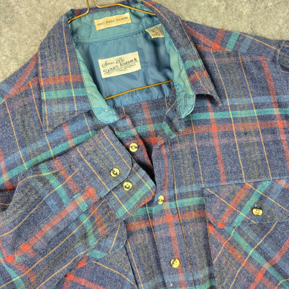Sears Roebuck Shirt Mens Large Blue Plaid Regular Fit Wool Blend Vintage 1886